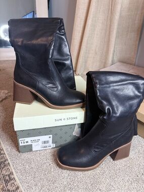 Sun + Stone Black Slouchy Mid-Calf Block Heel Boots